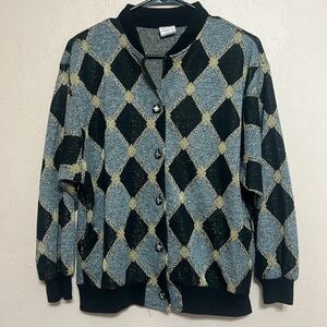 VTG 80s Graff Californiawear Cardigan Sweater Argyle Sz S Black Gold USA Made